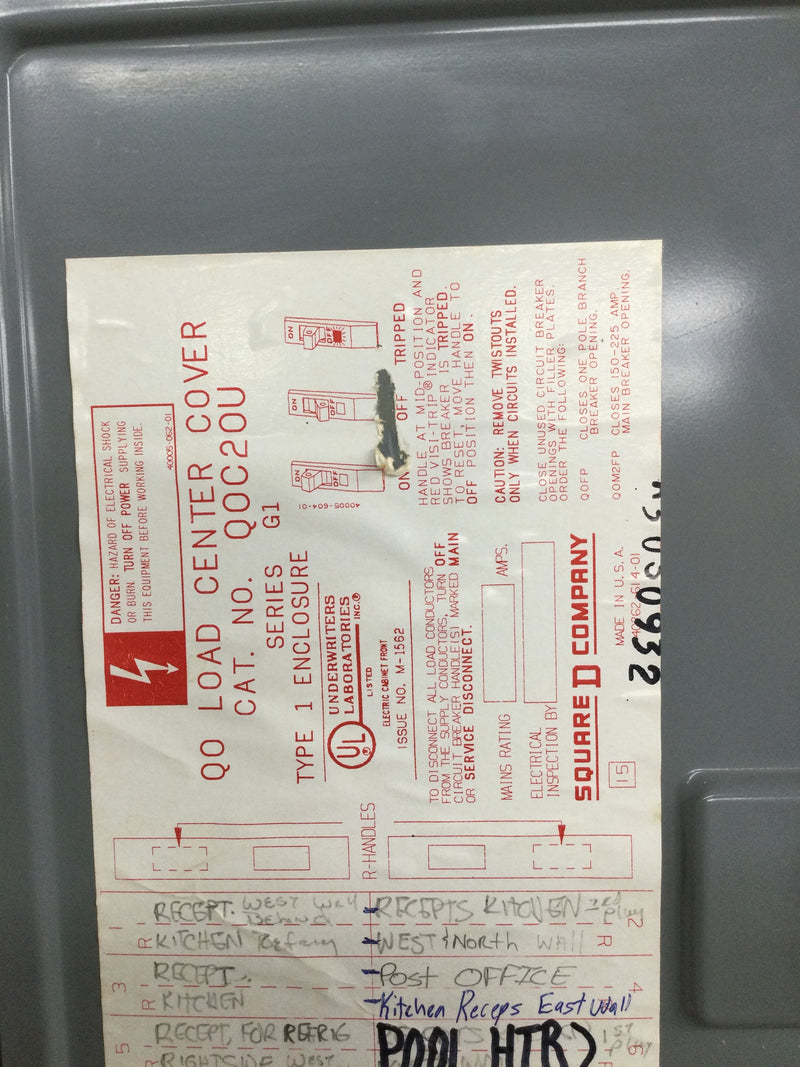 Square D QOC20U Series G1 200 Amp 20 Spaces QO Load Center Cover Only 27 1/4" x 15 1/2"