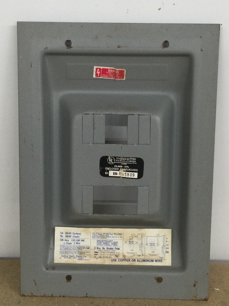 FPE Federal Pacific 104-8S or 104-8F 4-8 Spaces 100 Amp 120/240V 1 Phase 3 Wire Stab-Lok Load Center Cover Only 12 5/8" x 8 3/4"