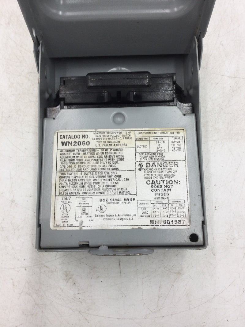 Siemens WN2060 60 Amp Enclosed Non-Fused Disconnect Switch 1-Phase 240 VAC