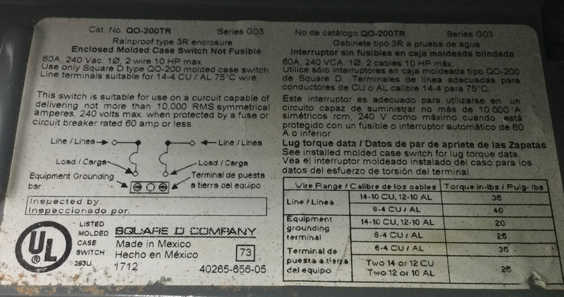 Square D QO200TR 60 Amp 120/240V Nema3R Disconnect Box 6 1/2" x 4 1/2"