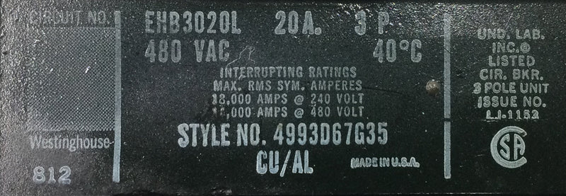 Westinghouse EHB3020L 20 Amp 3 Pole 480V Circuit Breaker - Cosmetic Flaw