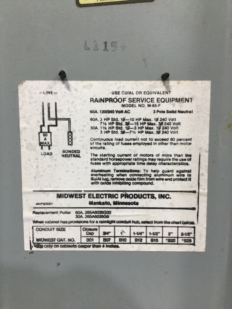 Midwest Electric M-65-F 60 Amp 3 Pole 120/240V Panel Cover 12" x 6 3/4"