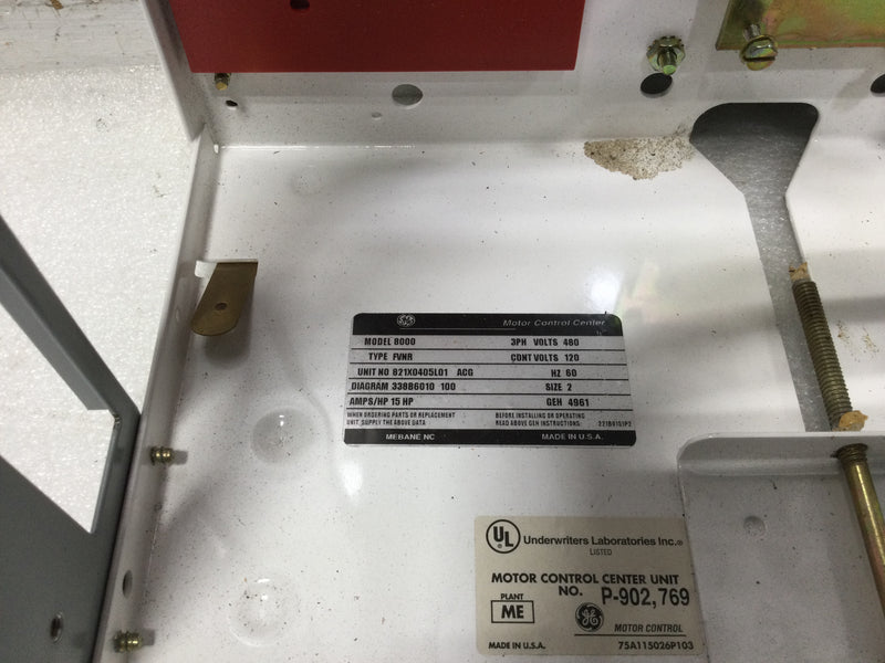 GE Control 8000 GEH-4961 MCC 12" Motor Control Center Bucket Size 2 FVNR 15 HP