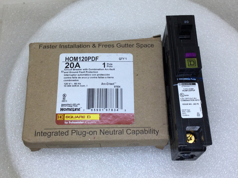 Square D HOM120PDF 20 Amp 1 Pole 120V Dual Function Neutral Circuit Breaker