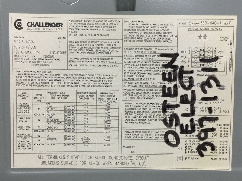 Challenger SL12(8-16)CN 125 Amp 8 Space 120/240V Panel Door 16 1/8" x 12 1/4"