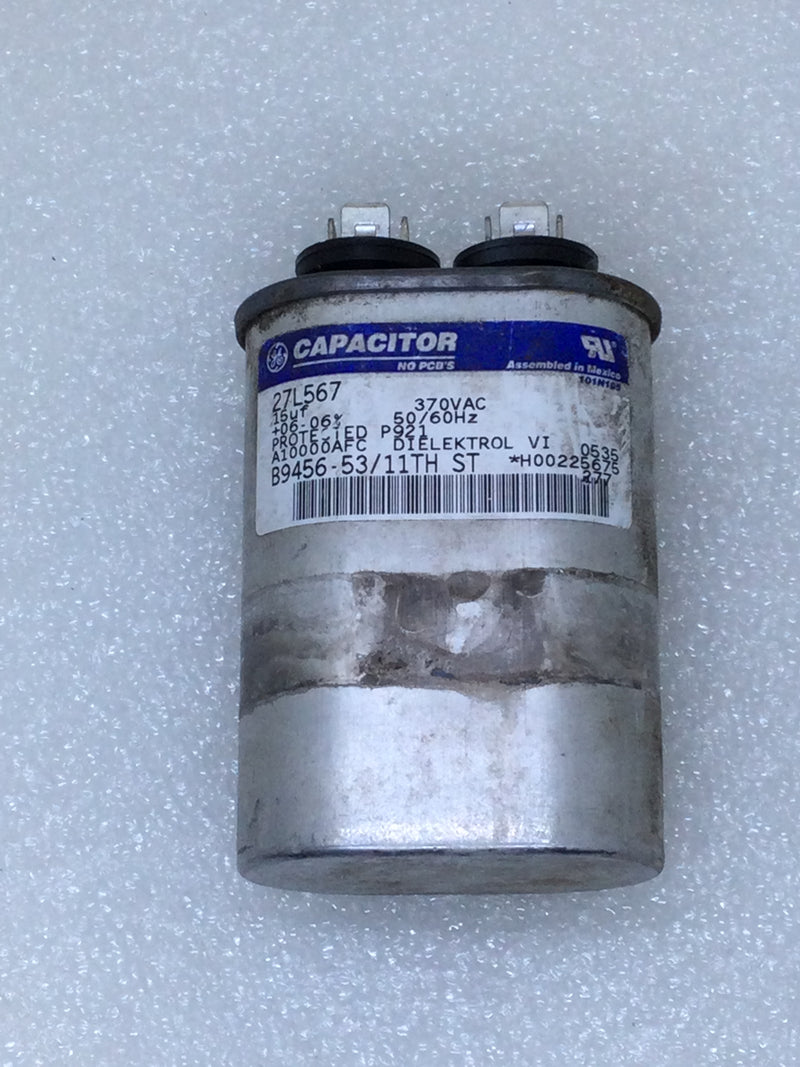 GE General Electric 27L567 15uf +/- 6% 370 VAC 50/60Hz Run Style Capacitor