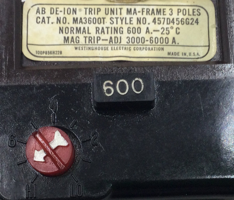 Westinghouse MA3600T 600 Amp 3 Pole Circuit Breaker Amp Trip Unit