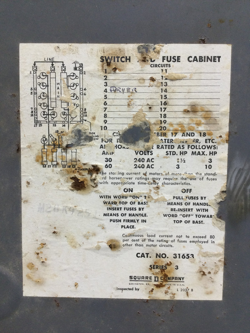 Square D 31653 60 Amp 120/240V Switch & Fusible Panel Door 24" x 11 1/2"