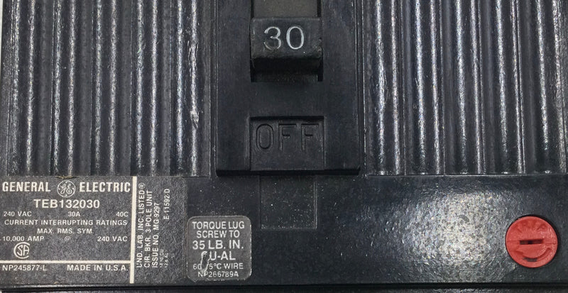 GE General Electric TEB132030 30 Amp 3 Pole 240V Circuit Breaker