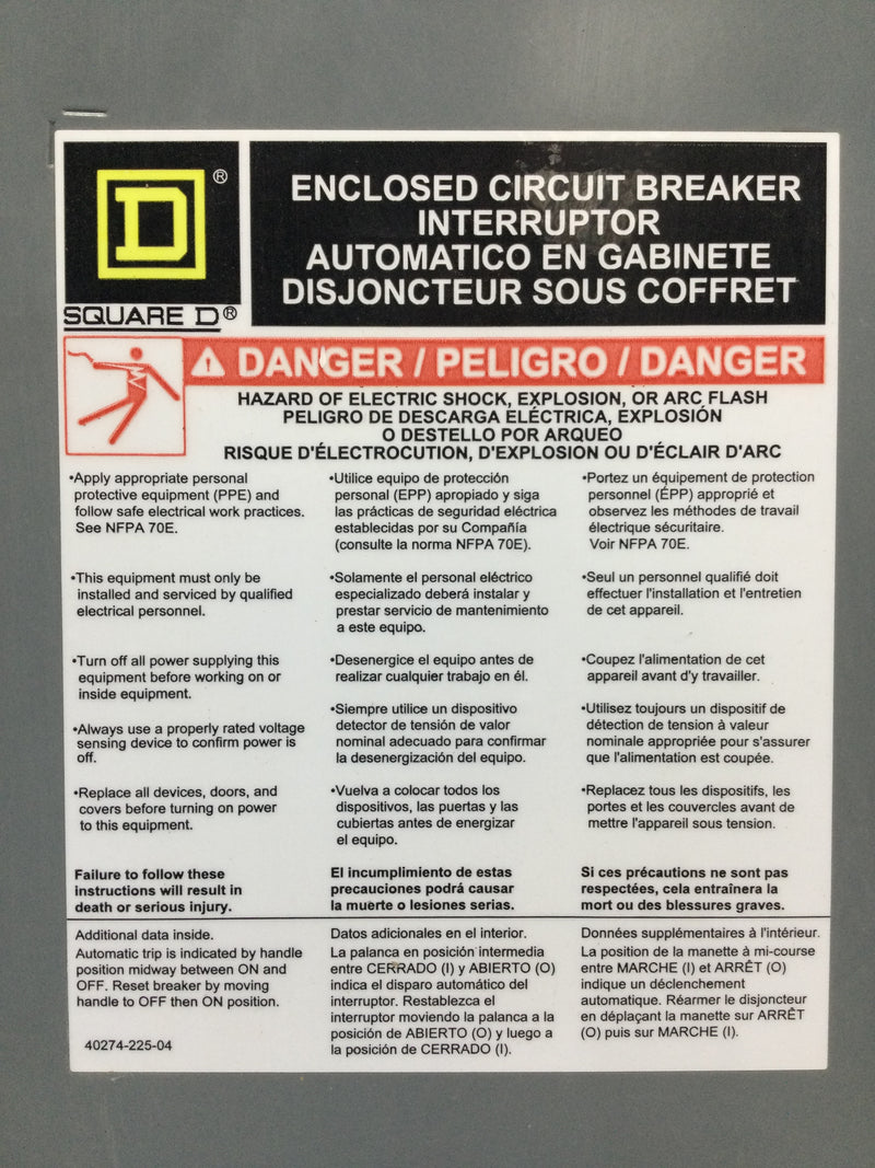 Square D Q22200NS 200 Amp 240V Main Breaker Dead Front 23 1/8" x 7 5/8"