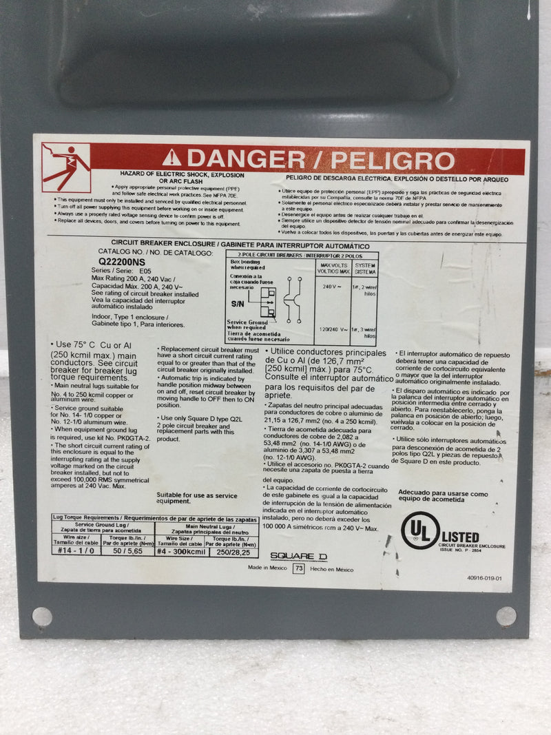 Square D Q22200NS 200 Amp 240V Main Breaker Dead Front 23 1/8" x 7 5/8"