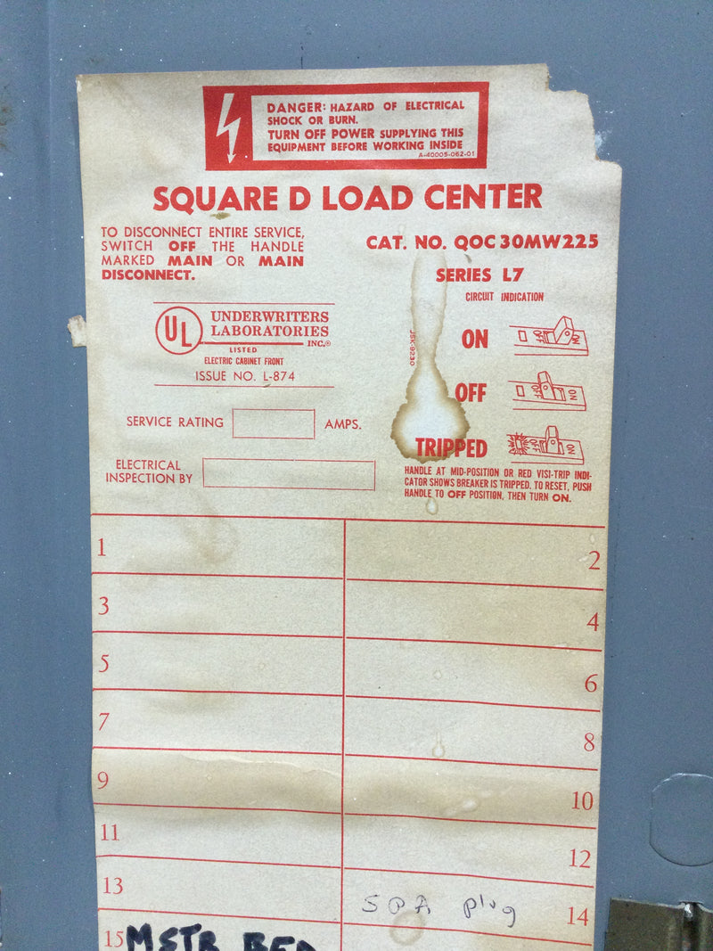 Square D QOC30MW225 225A 30 Space 120/240V Panel Door w/Main 30 1/2" x 14 1/4"