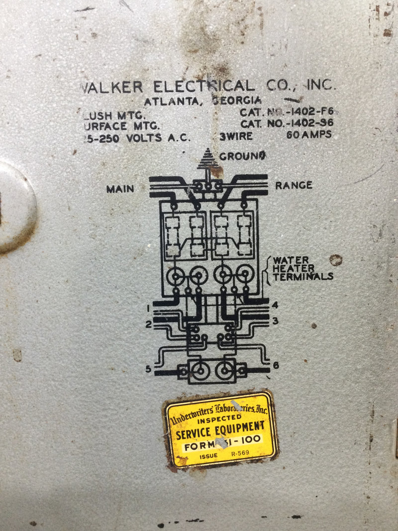 Walker Electric 1402-F/S6 60 Amp 125/250V Fusible Panel Door 16 1/4" x 9 7/8"