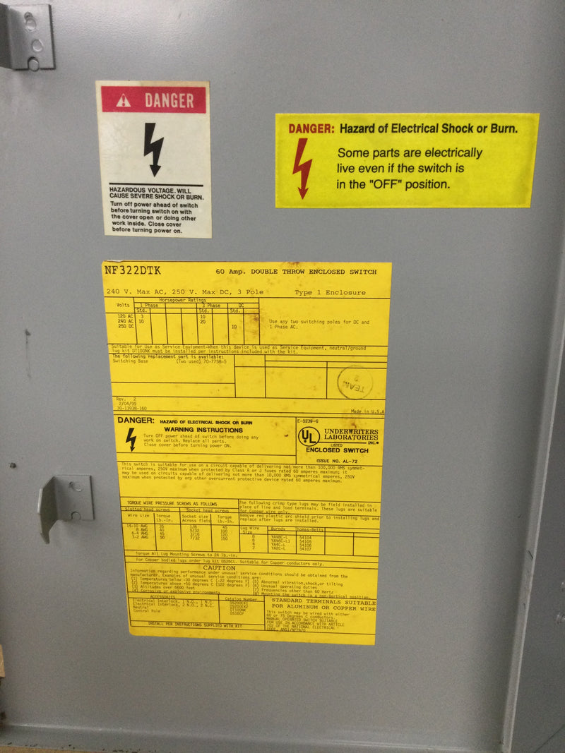 Siemens NF322DTK Non-Fusible Disconnect Switch 60 Amp 240 Volt 3 Pole Nema 1