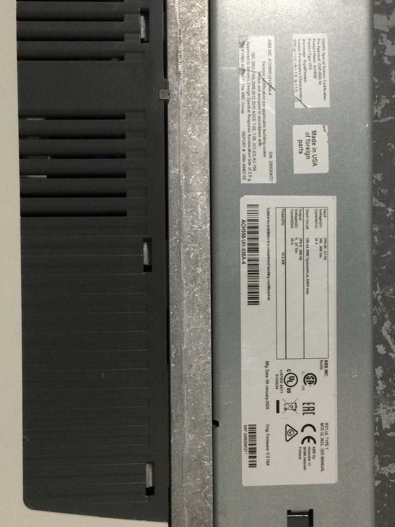 ABB ACH Series ACH550-UH-038A-4 S/N 2200204727 HVAC Drive 23" x 9"