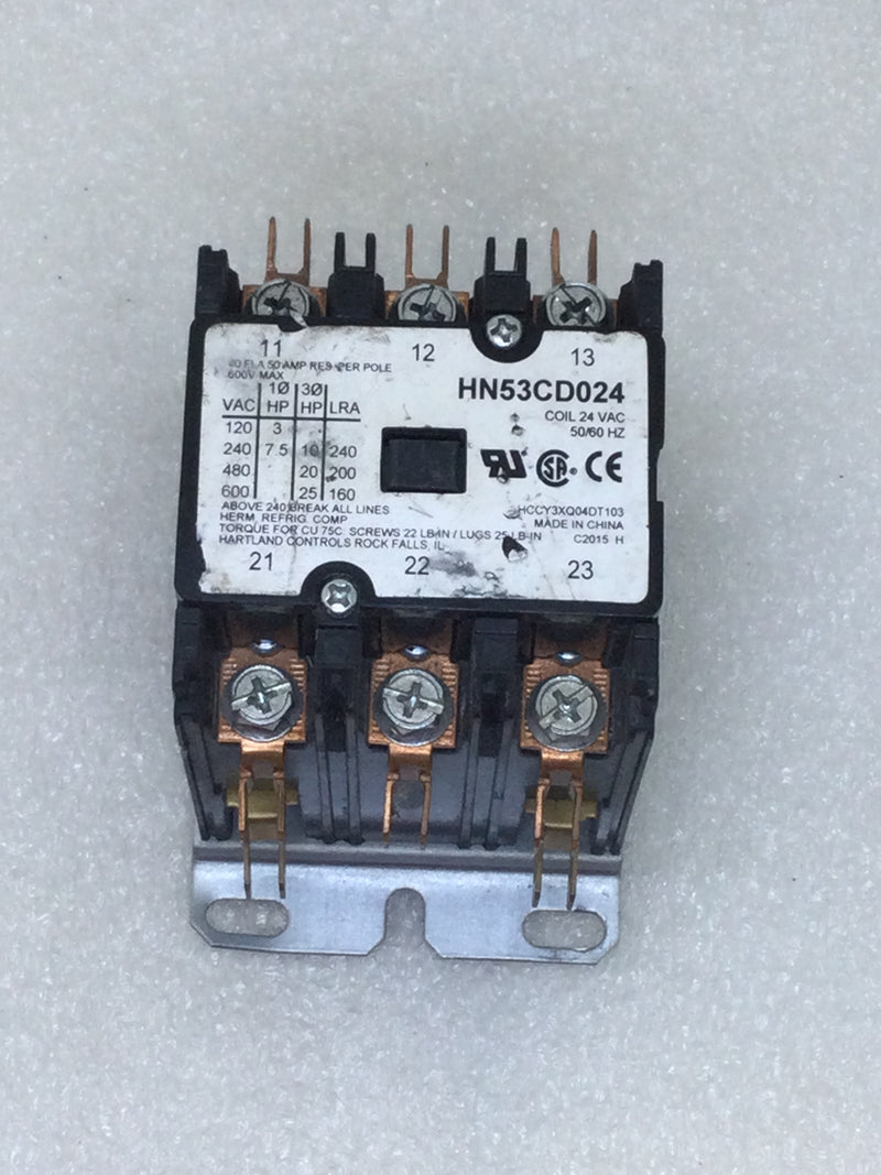 Hartland Controls HN53CD024 3 Pole Contactor 40 Amp 120-600 VAC 3-7.5 HP with 24 VAC Coil