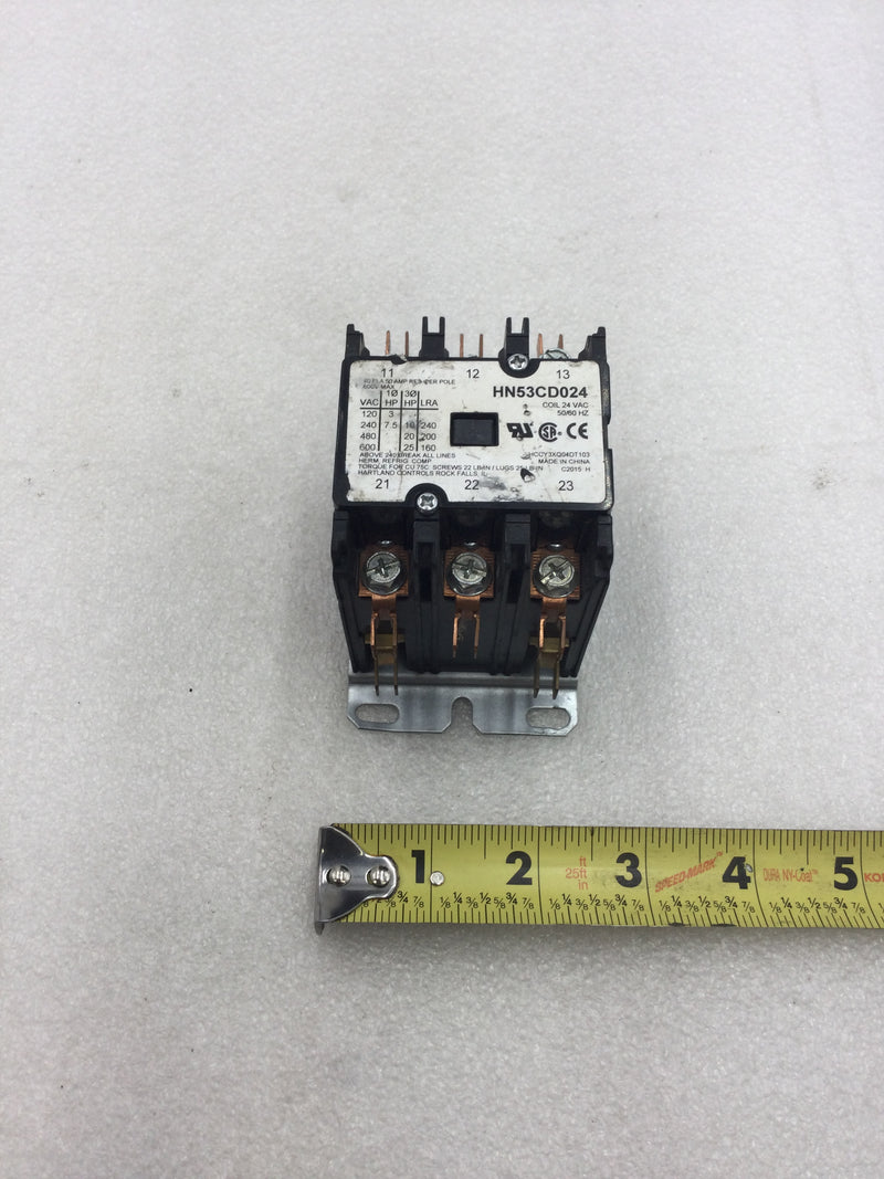 Hartland Controls HN53CD024 3 Pole Contactor 40 Amp 120-600 VAC 3-7.5 HP with 24 VAC Coil