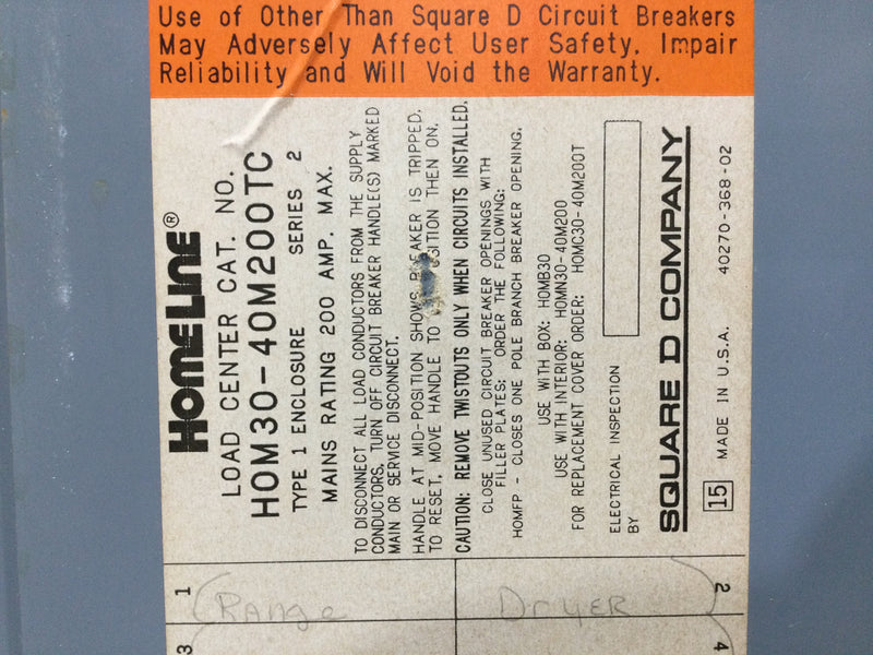 Square D HOM30-40M200TC 200A 30 Space 120/240V Panel Door 35" x 15 1/2" - Flaw