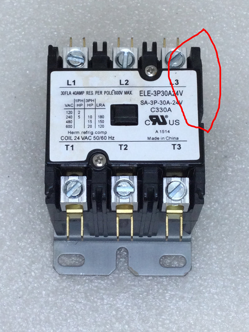 Herm Refrig Company ELE-3P30A24V Contactor 30 Amp 3 Pole 120-600 VAC with 24 VAC Coil (SA-3P-30A-24V)