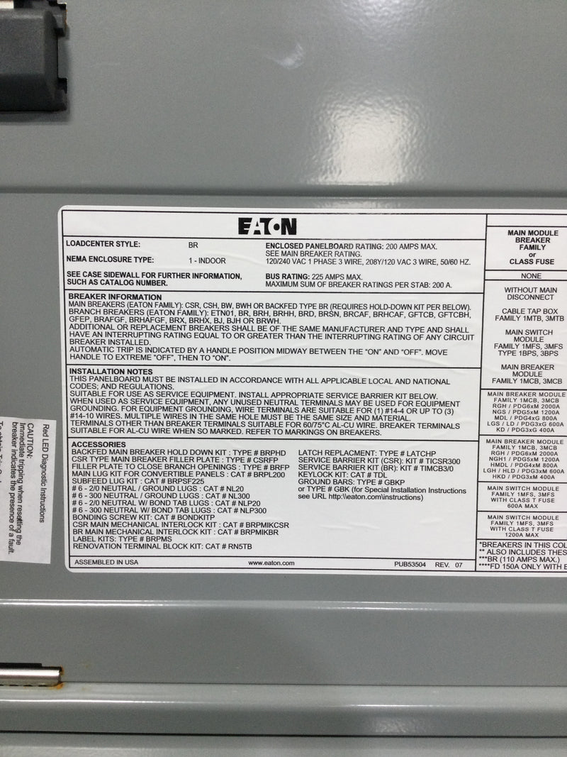 Eaton BRP30NC200 200 Amp 30 Space 120/240V Panel Door w/Main 35 1/8" x 15 3/8"