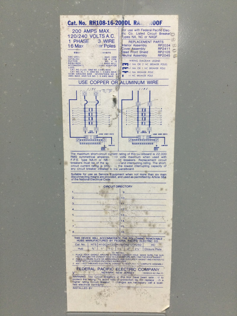 Federal Pacific RH108-16-200DL 200A 8 Space 120/240V Cover Only 24 1/4" x 12"