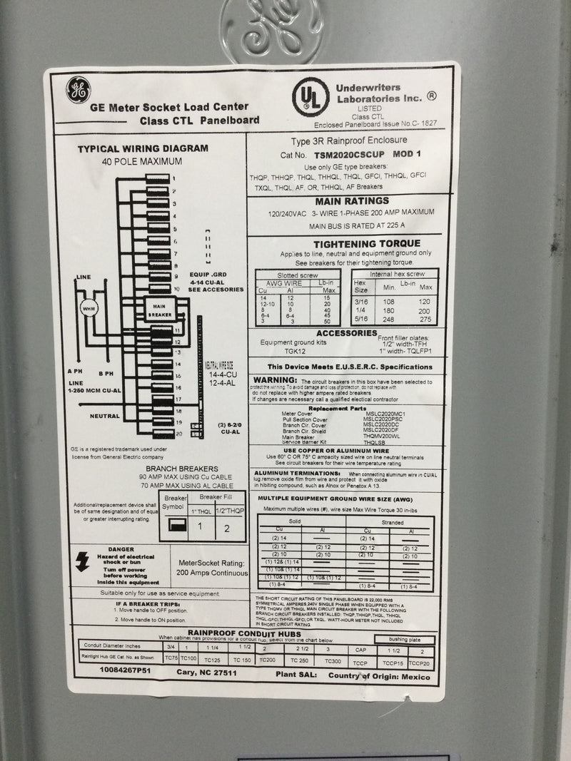 GE TSM2020CSCUP PowerMark Gold 200 Amp Main Breaker 20-Space 40-Circuit Overhead/Underground Combination Meter Socket Load Center (TSM2020CSCUP)