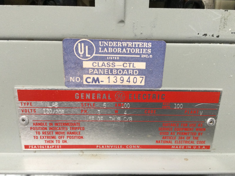 GE General Electric 100 Amp 120/208v 3 Phase 4 Wire Panelboard Enclosu