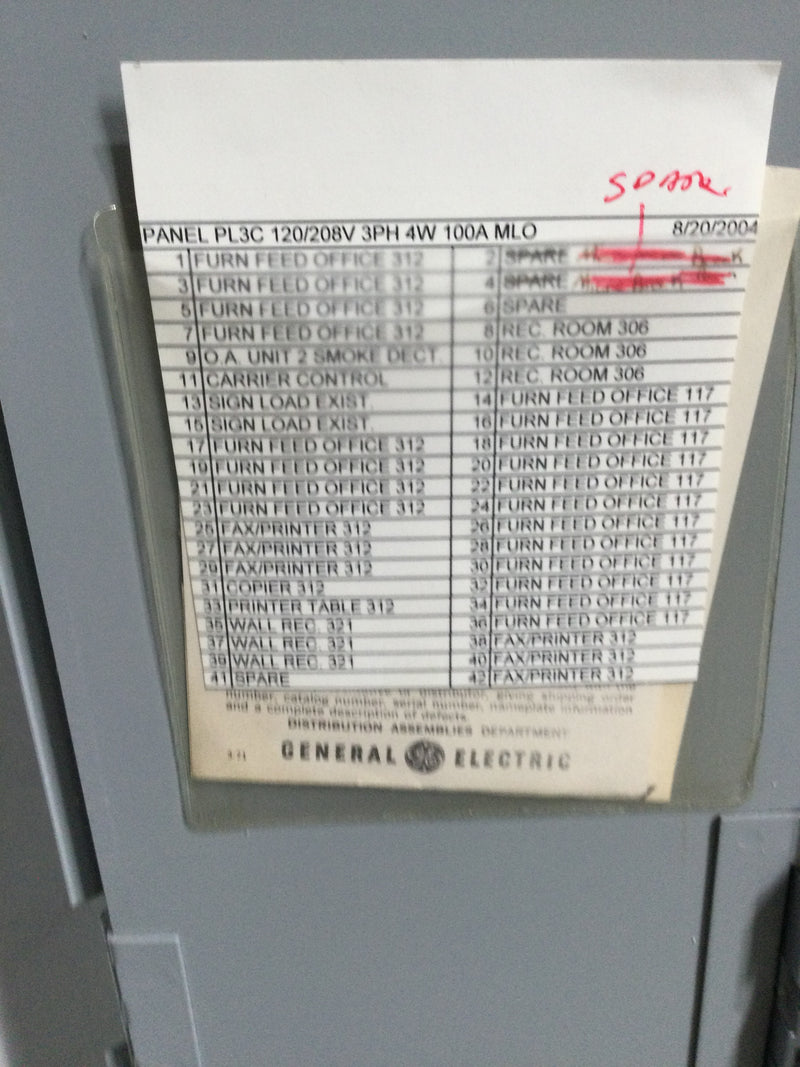 GE General Electric 100 Amp 120/208v 3 Phase 4 Wire Panelboard Enclosu