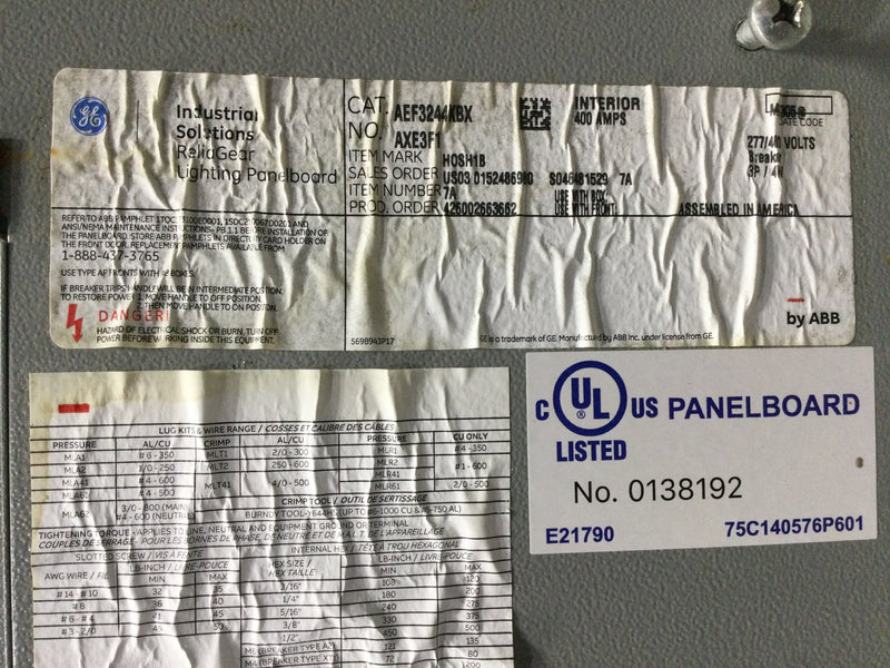 GE/General Electric AEF3244KBX 400 Amp 600V 3P/4WA 24 Space Panelboard