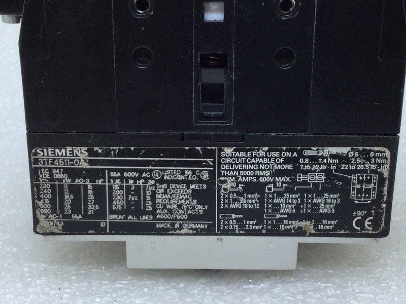 Siemens 3TF4511-0A Contactor 55 Amp 600V Max