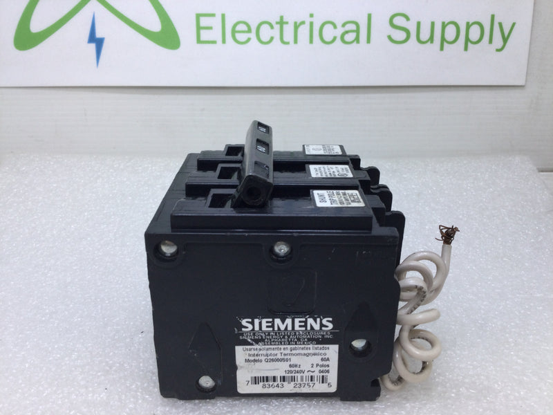 Siemens Q26000S01 60 Amp 2 Pole 120/240V Shunt Trip Circuit Breaker