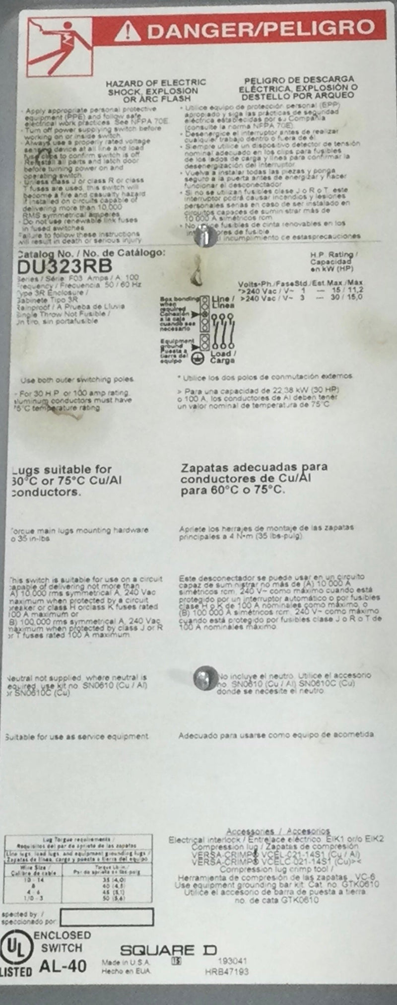 Square D DU323RB 100 Amp 3 Pole 120/240V Non-Fused Safety Switch Disconnect