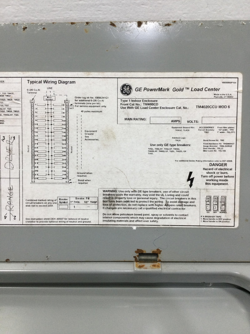 GE TM4020CCU 200 Amp 40 Space 120/240V Panel Door w/Main 41 5/8" x 15 3/8"