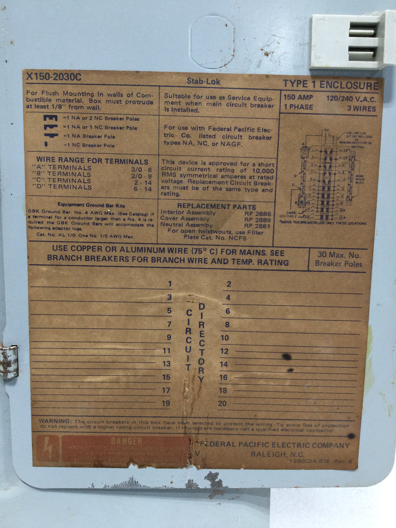 FPE X150-2030C 150 Amp 20 Space 120/240V Panel Door w/Main 26 1/8" x 15 3/8"