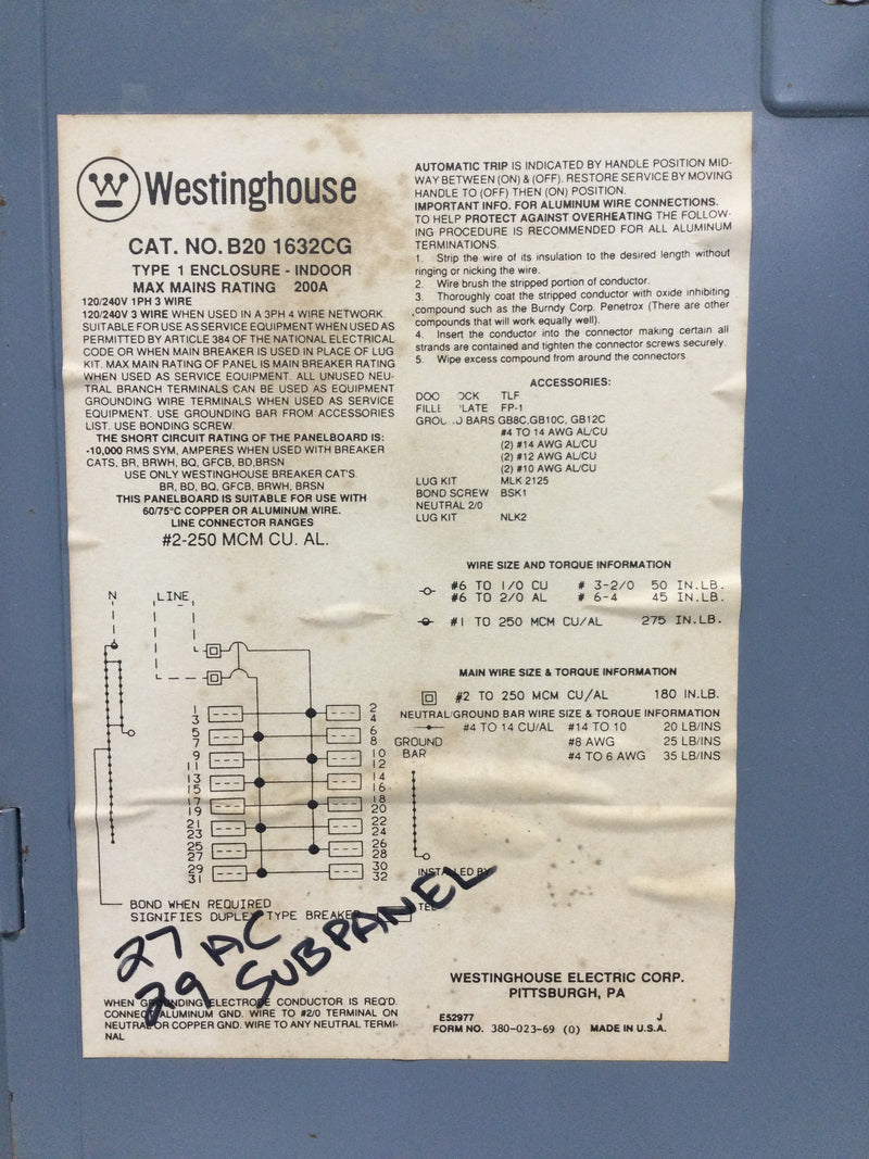 Westinghouse B20 1632CG 200A 22S 120/240V Panel Door w/Main 28 1/8" x 15 1/8"