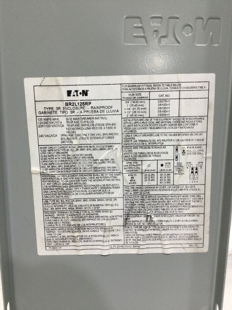 Eaton BR2L125RP 125 Amp 2 Space 120/240V Panel Cover 11 5/8" x 6 1/2"