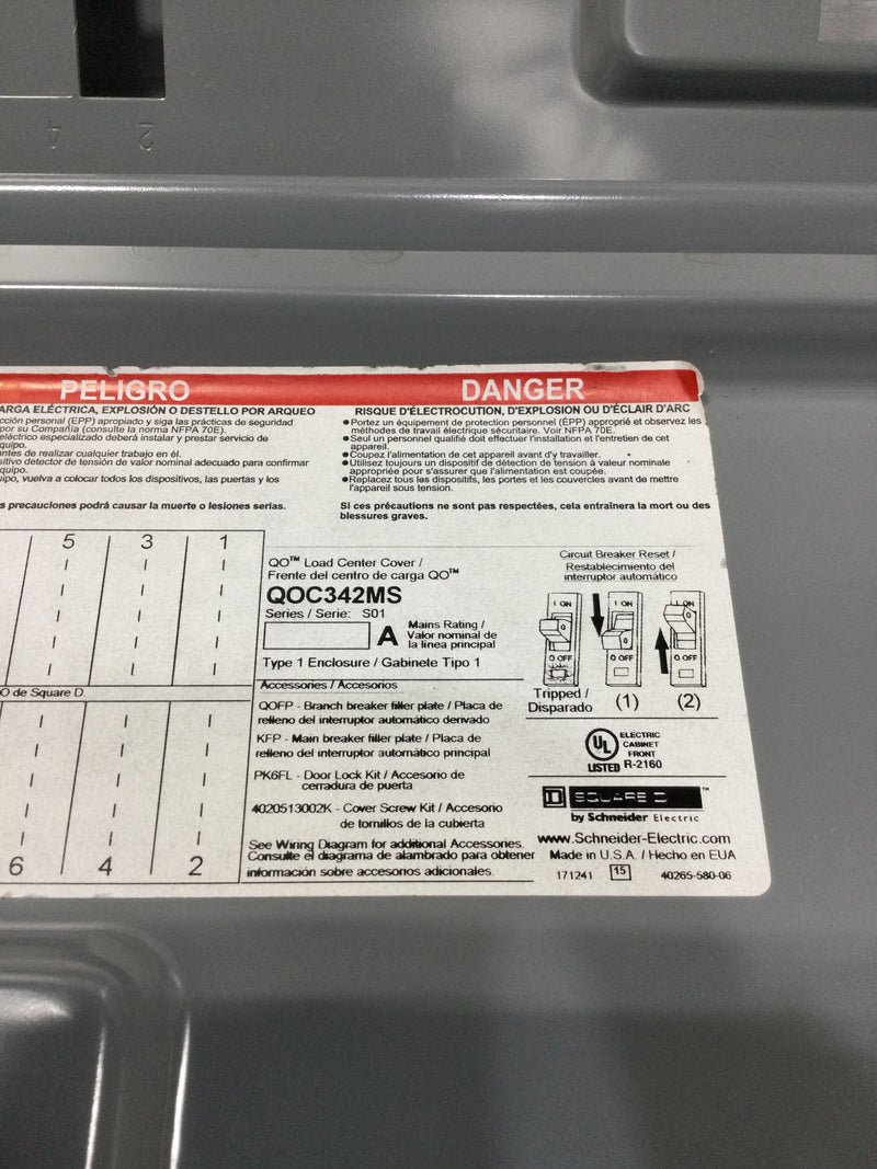 Square D QOC342MS 42 Space 120/240V Panel Door w/Main 39 3/8" x 14 1/4"