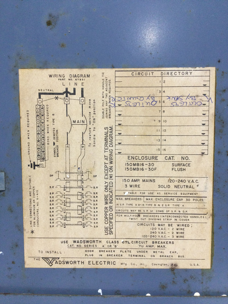 Wadsworth 150MB16-30 150 Amp 16 Space 120/240V Panel Door 27 1/4" x 13 3/4"
