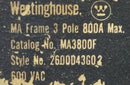 Westinghouse MA3800F 800 Amp 3 Pole 600V Breaker w/800 Amp Trip - Cosmetic Flaw