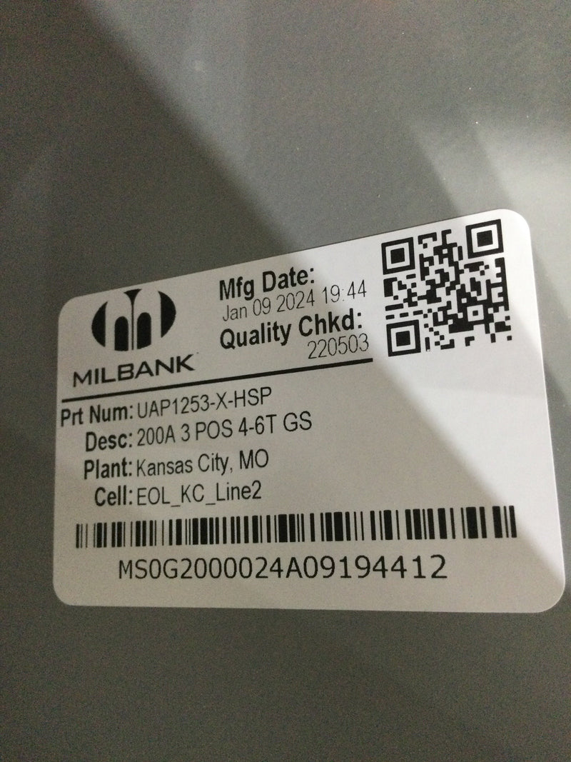 Milbank UAP1253-X-HSP 4 Terminal Ringless Large Closing Plate 3 Position Stainless Steel Hasp Aluminum Painted