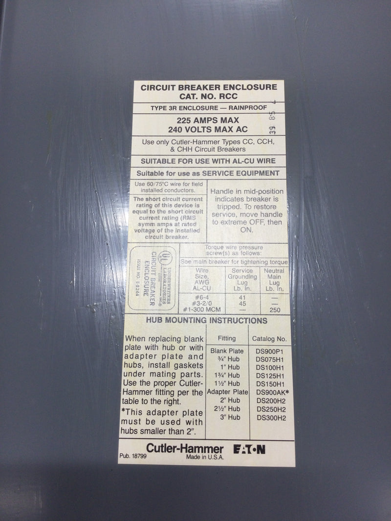 Cutler Hammer RCC 225 Amp Circuit Breaker Enclosure 120/240v Nema3r