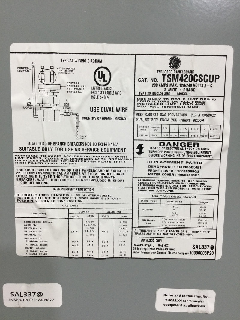 GE TSM420CSCUP Power Mark Gold 200 Amp 4-Space 8-Circuit Meter Socket Load Center Outdoor NEMA 3R surface mount