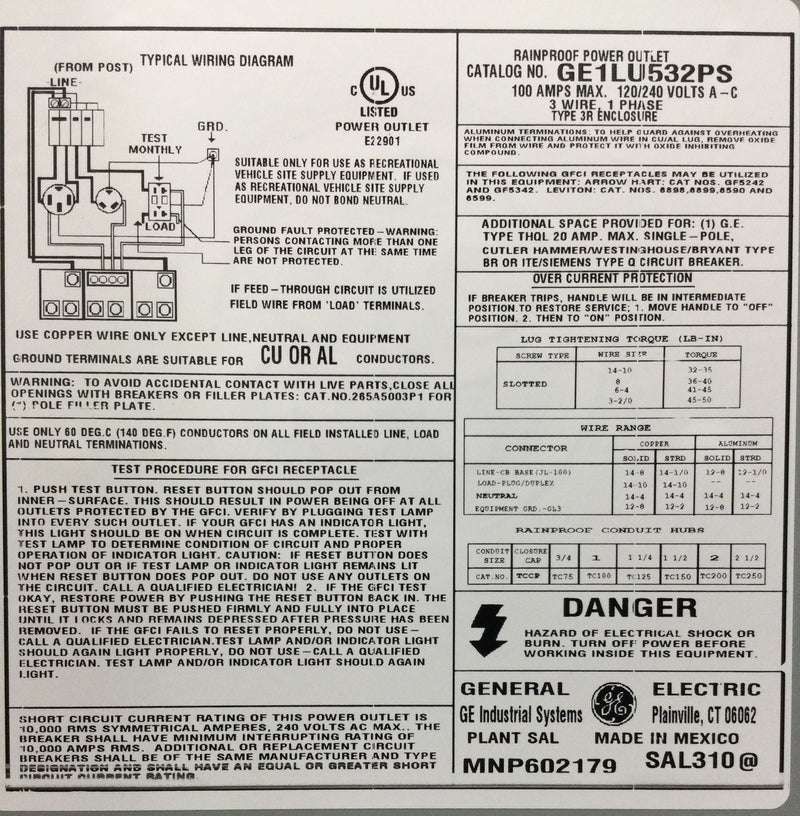 GE General Electric GE1LU532PS MOD 2 RV Pad Mount Pedestal with 50 Amp and 30 Amp RV Receptacles and a 20 Amp GFCI Receptacle