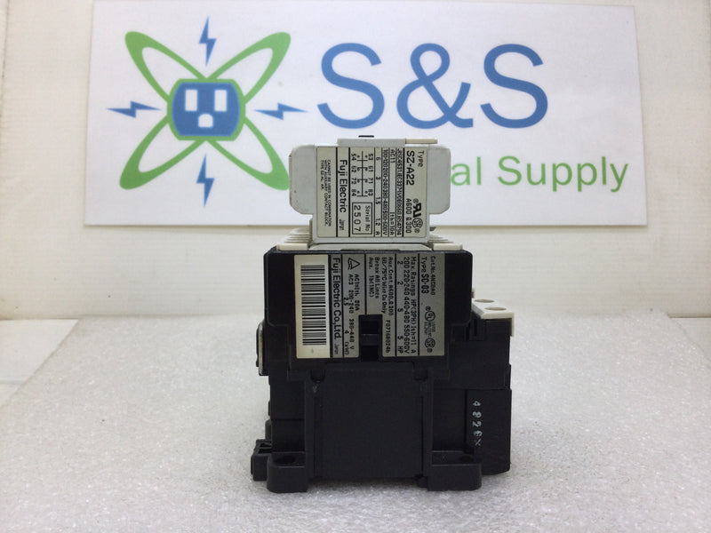 Fuji Electric SC-03 (4NCOAO) Reversing Magnetic Contactor 20 Amp 200-600 VAC 2-5 HP with SZ-A22 Auxiliary Contact Block