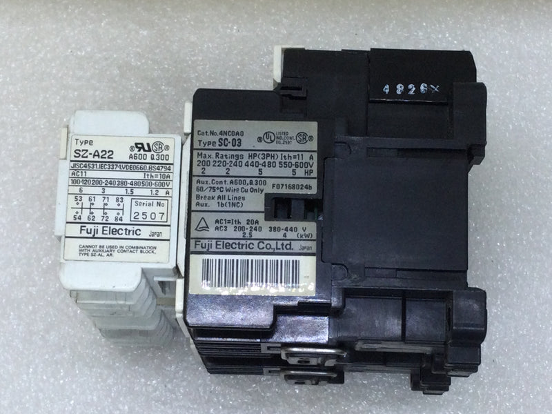 Fuji Electric SC-03 (4NCOAO) Reversing Magnetic Contactor 20 Amp 200-600 VAC 2-5 HP with SZ-A22 Auxiliary Contact Block