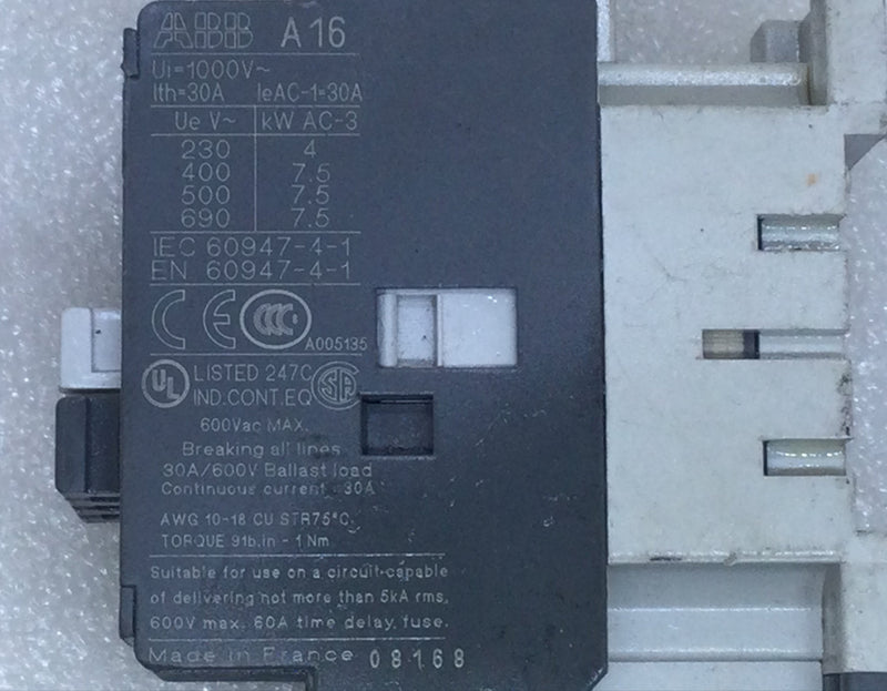 ABB A16-04-00 30 Amp 50/60Hz 600V Contactor - Cosmetic Flaw