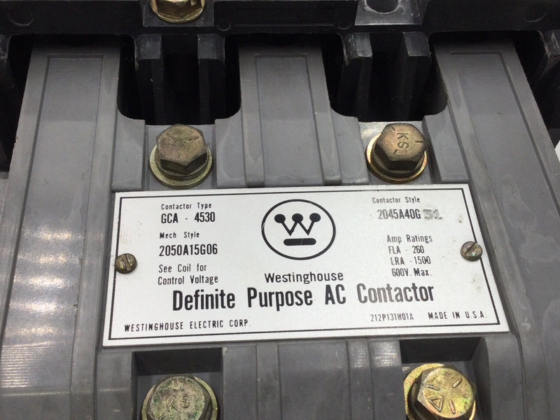 Westinghouse 2050A15G06 Definite Purpose AC Contactor 600V Max. Amp. 260-1500