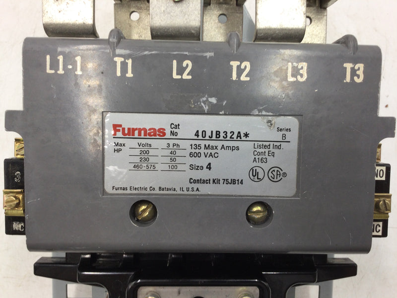 Furnas 40JB32A Contactor 135 Amp Max. 600V Size 4 Series B/Single Voltage Coil D71628-40 120V 50-60HZ