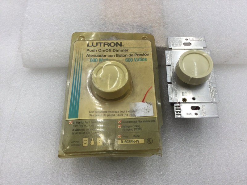 Lutron D-603PH-IV Push On/Off 3-Way Dimmer 600 Watt 120 VAC in Ivory