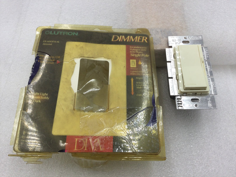 Lutron DIVA DV-600PH-AL 600 Watt 120 VAC Side Slide Style Dimmer with Night Light in Almond